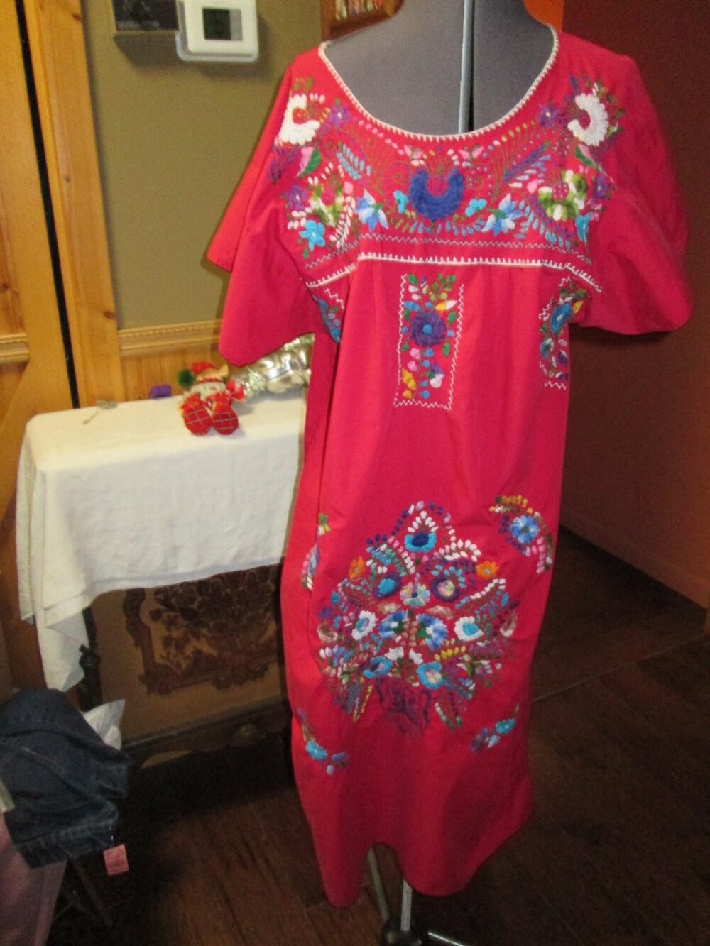 BOHO 70s MUMU e dress red floral graphic embroidered front cotton med